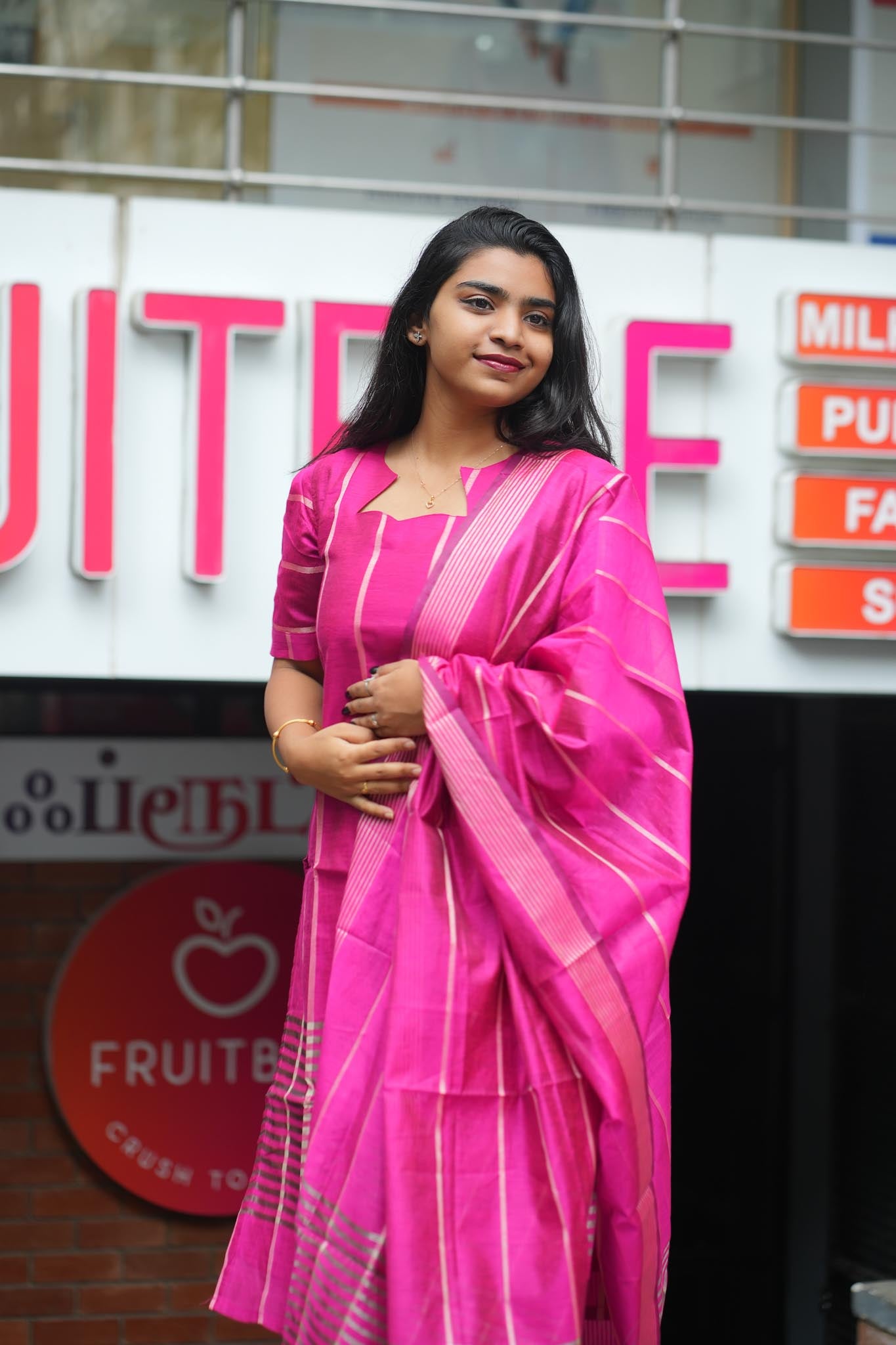 Magenta Glow Silk Cotton Kurti Set – Zari Woven Elegance