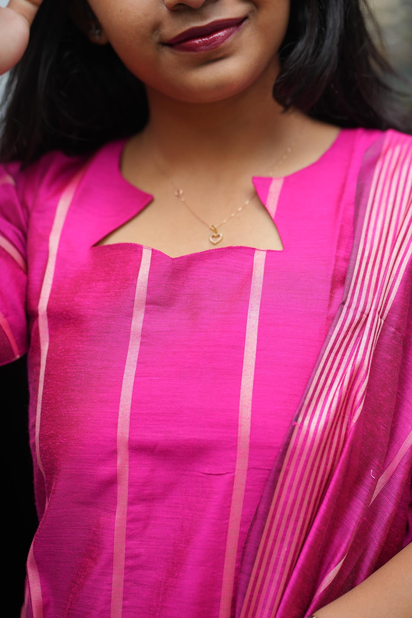 Magenta Glow Silk Cotton Kurti Set – Zari Woven Elegance
