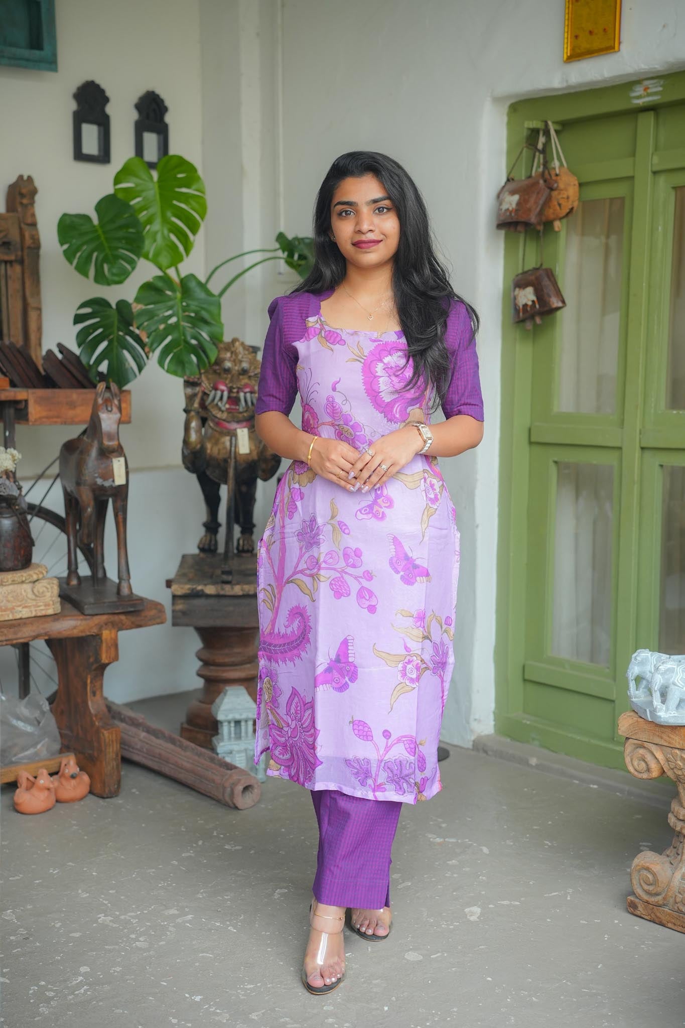Lilac & Purple Kurti Pant Set – Silk Top with Handloom Cotton Pant