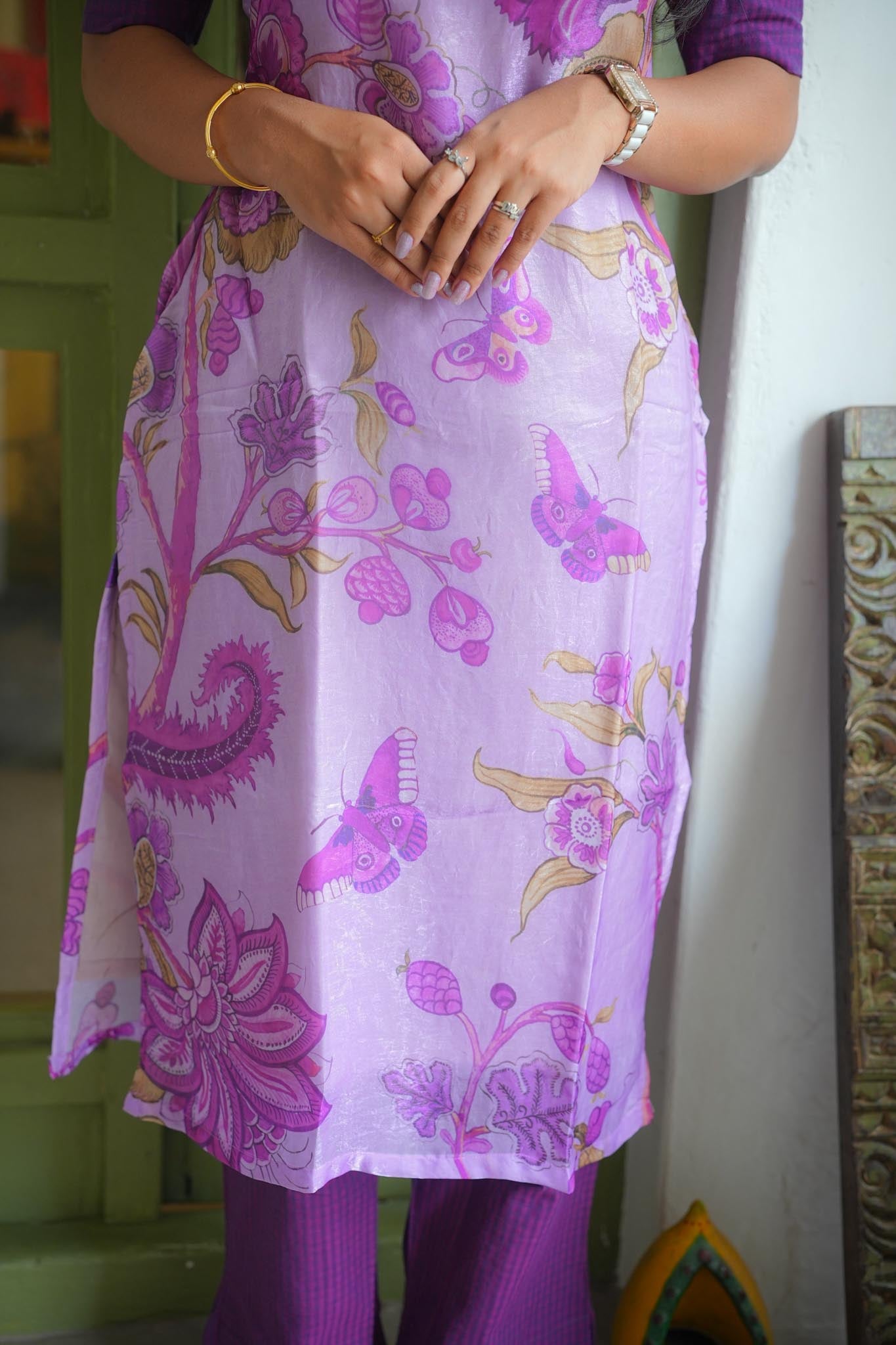 Lilac & Purple Kurti Pant Set – Silk Top with Handloom Cotton Pant
