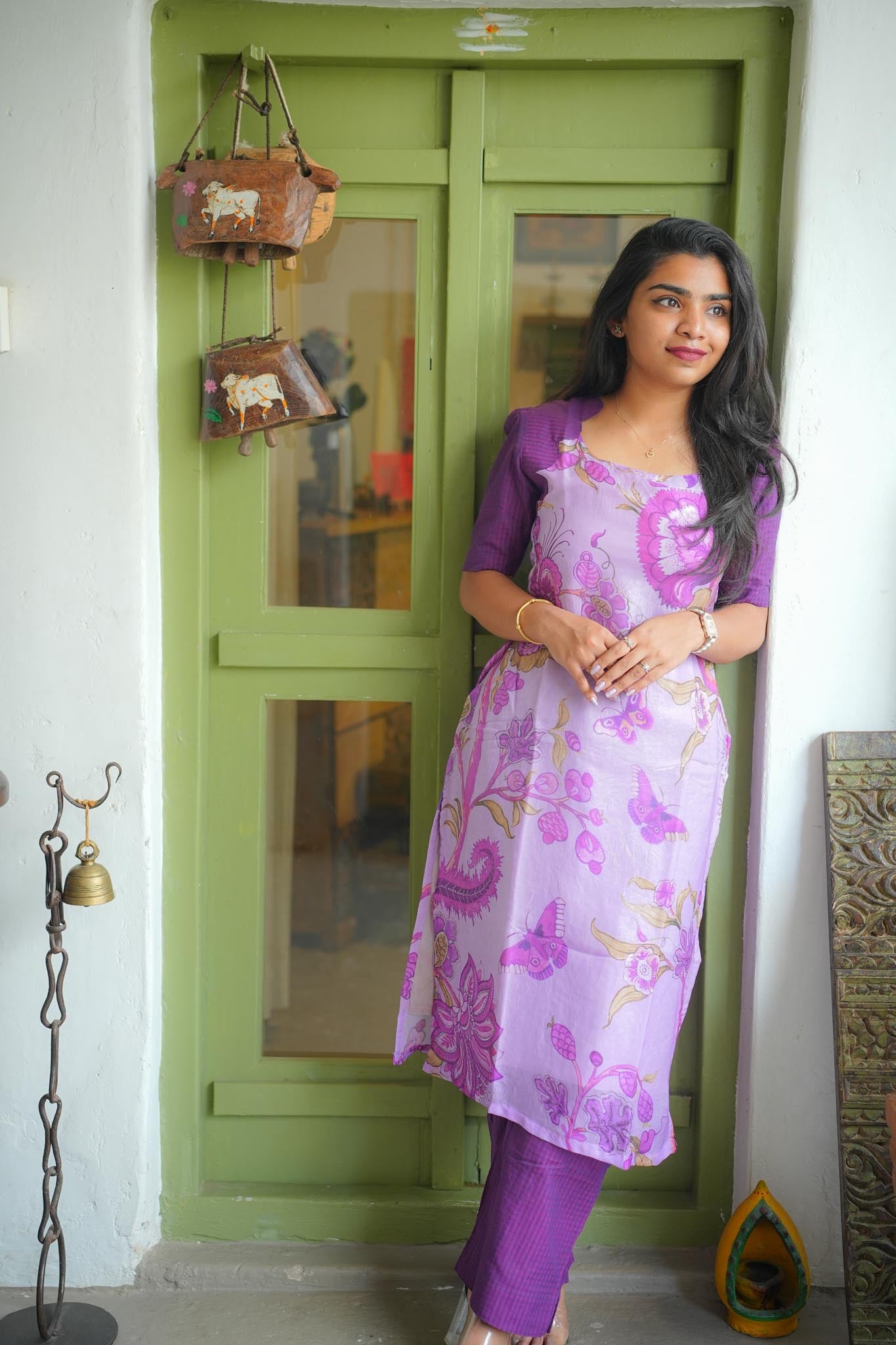 Lilac & Purple Kurti Pant Set – Silk Top with Handloom Cotton Pant