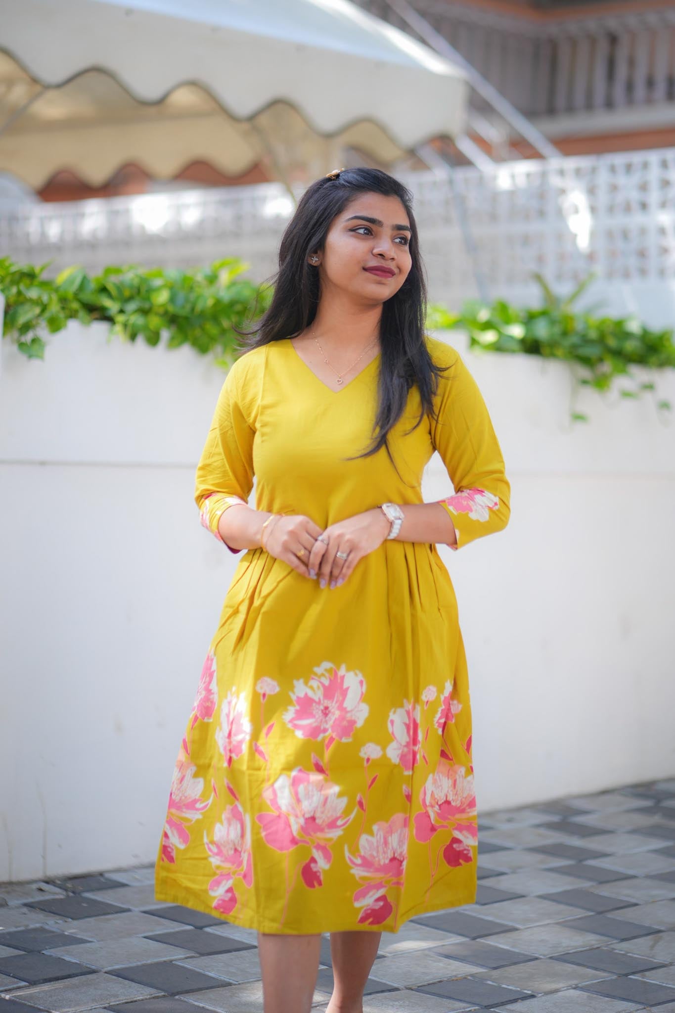 Mustard Magic A-Line Cotton Dress – Hakoba Patch Pleated Maxi