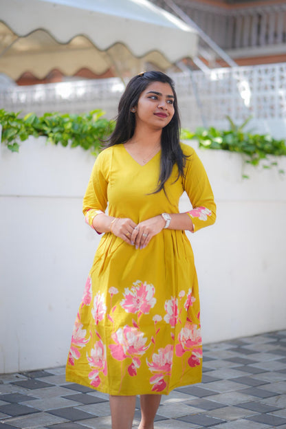 Mustard Magic A-Line Cotton Dress – Hakoba Patch Pleated Maxi