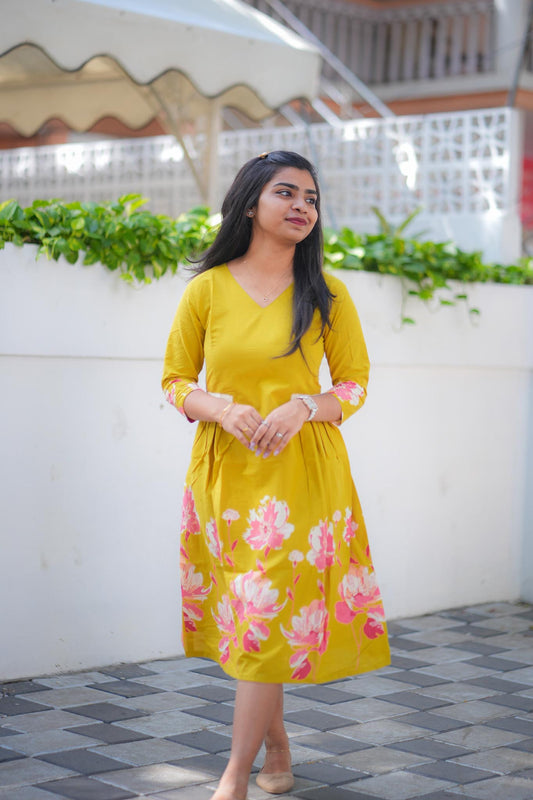 Mustard Magic A-Line Cotton Dress – Hakoba Patch Pleated Maxi