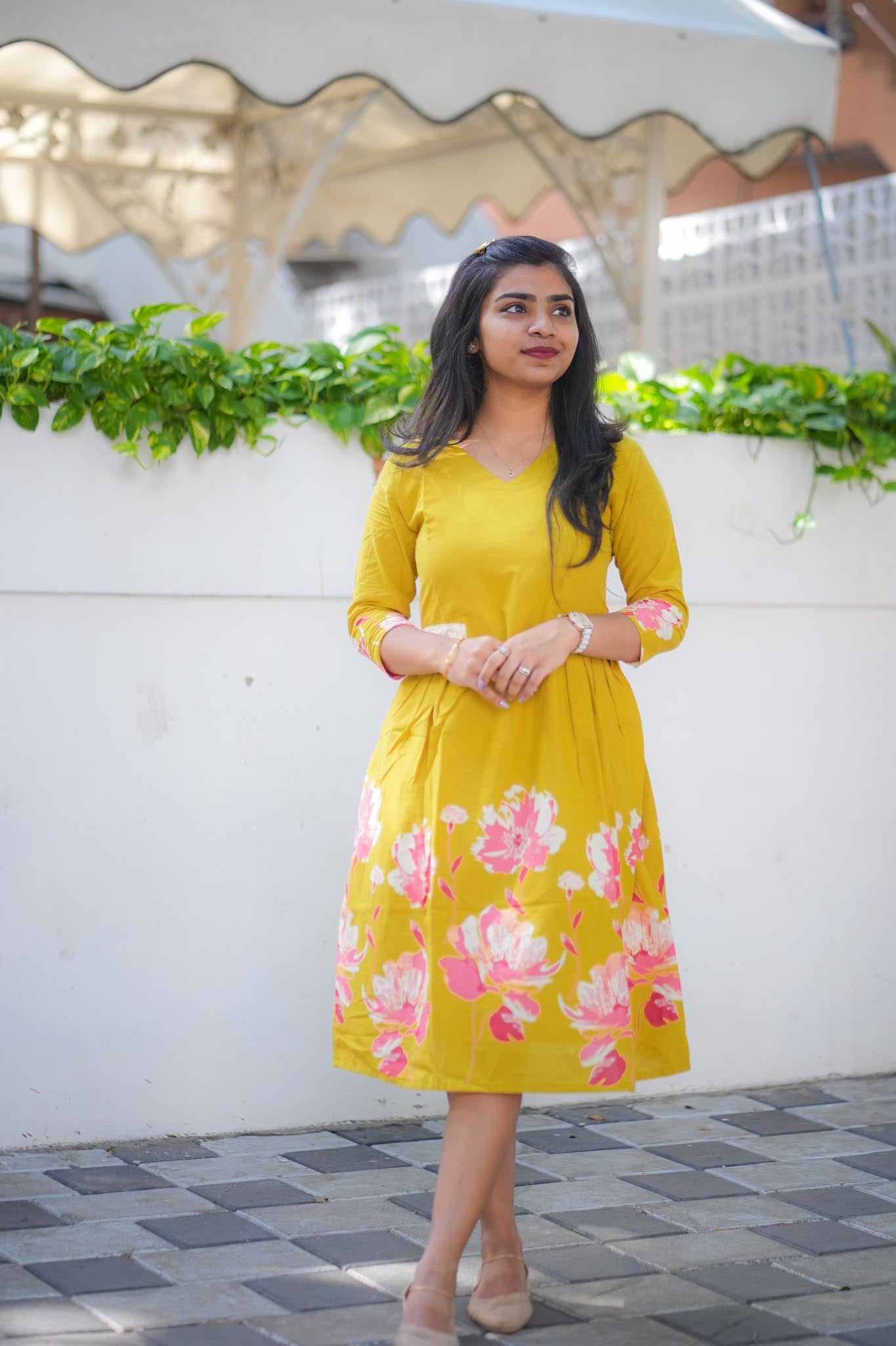 Mustard Magic A-Line Cotton Dress – Hakoba Patch Pleated Maxi