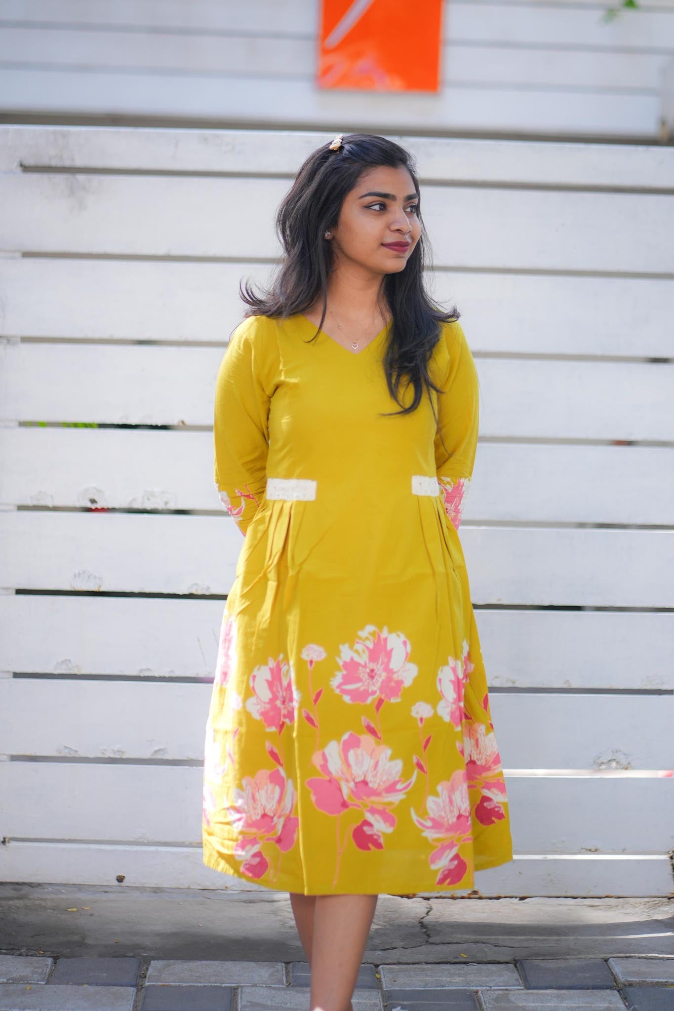 Mustard Magic A-Line Cotton Dress – Hakoba Patch Pleated Maxi