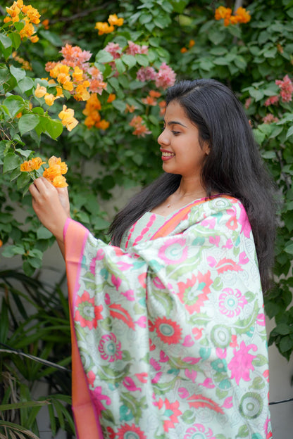 Light Green & Pink Floral Tussar 3-Piece Suit Set
