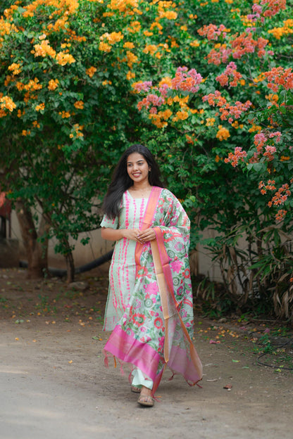 Light Green & Pink Floral Tussar 3-Piece Suit Set