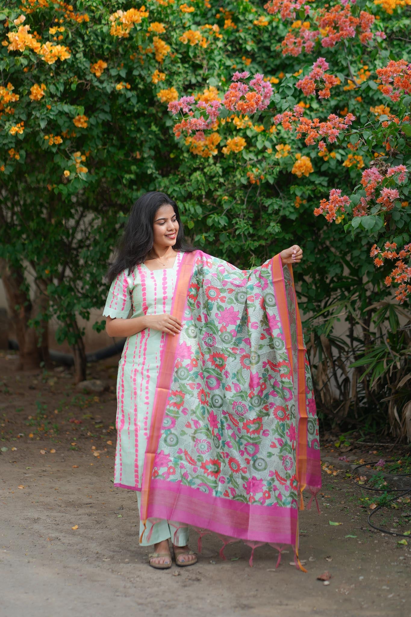 Light Green & Pink Floral Tussar 3-Piece Suit Set