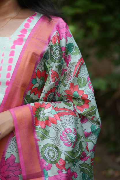 Light Green & Pink Floral Tussar 3-Piece Suit Set