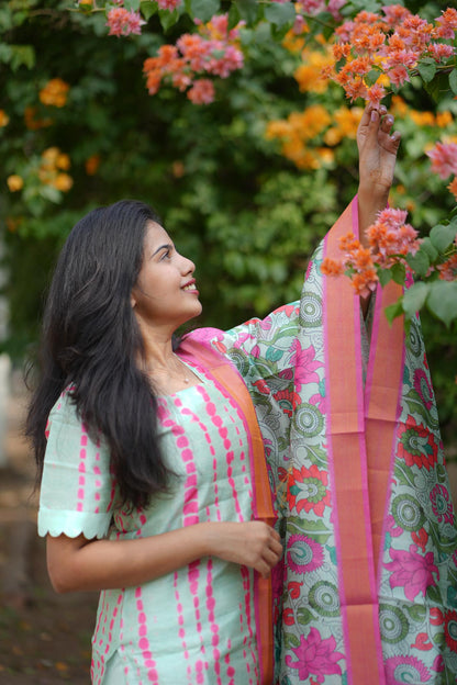 Light Green & Pink Floral Tussar 3-Piece Suit Set