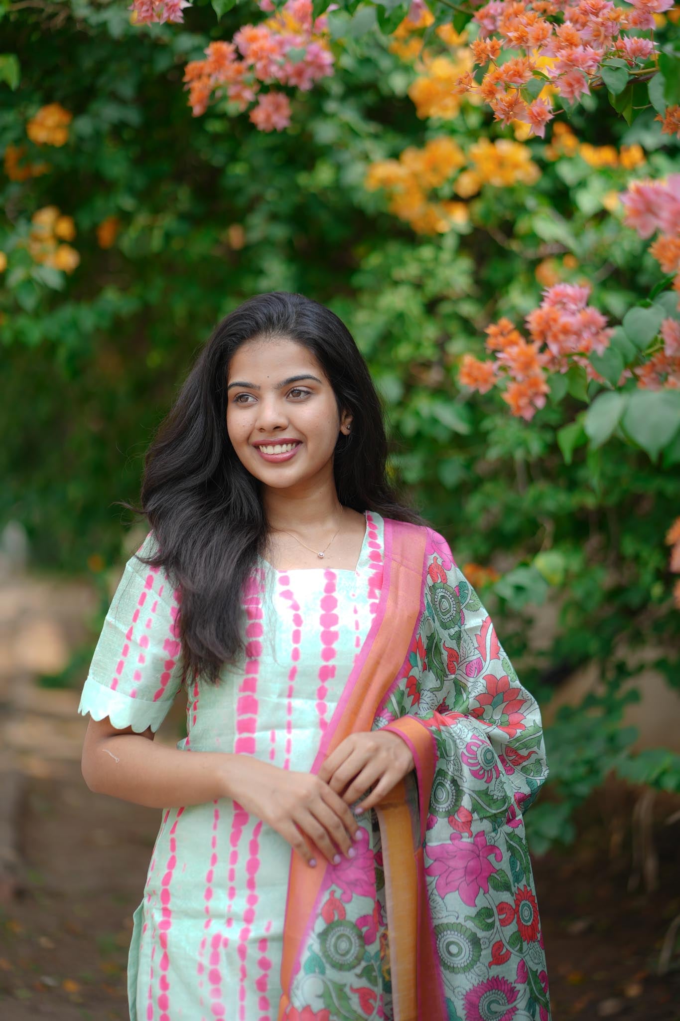 Light Green & Pink Floral Tussar 3-Piece Suit Set