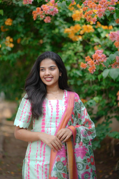 Light Green & Pink Floral Tussar 3-Piece Suit Set