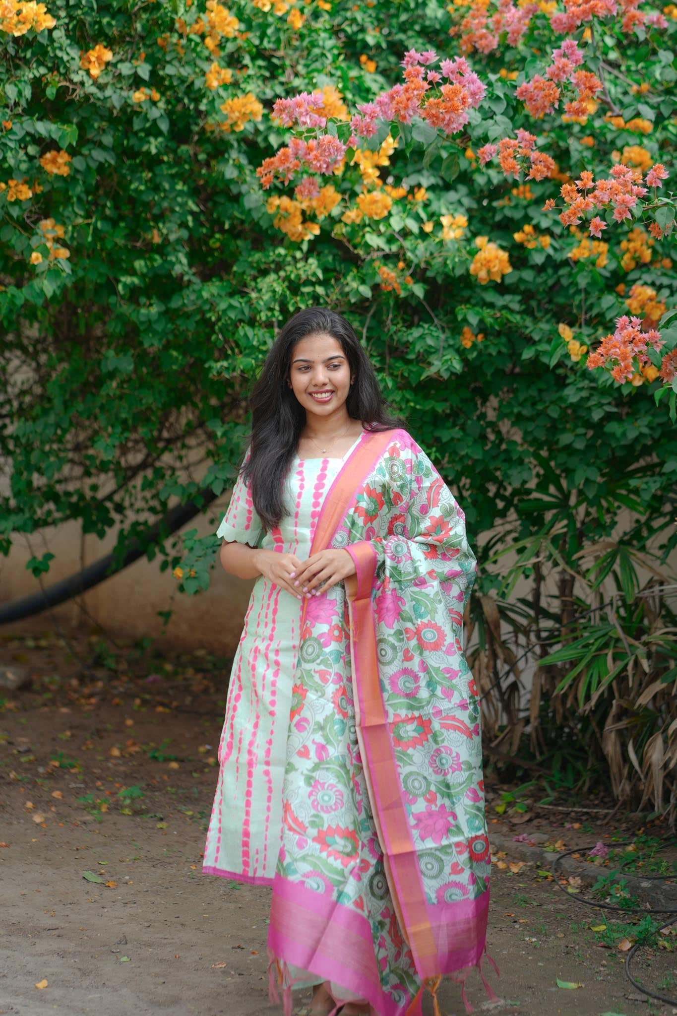 Light Green & Pink Floral Tussar 3-Piece Suit Set
