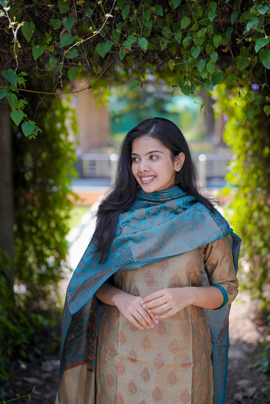 Maya’ Banarasi Suit Set – Beige Kurta with Teal Blue Dupatta