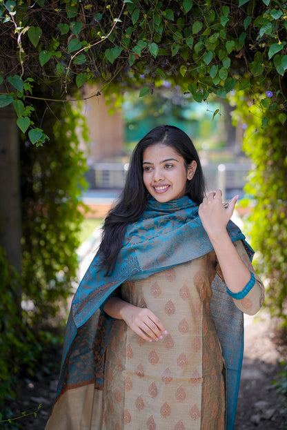 Maya’ Banarasi Suit Set – Beige Kurta with Teal Blue Dupatta