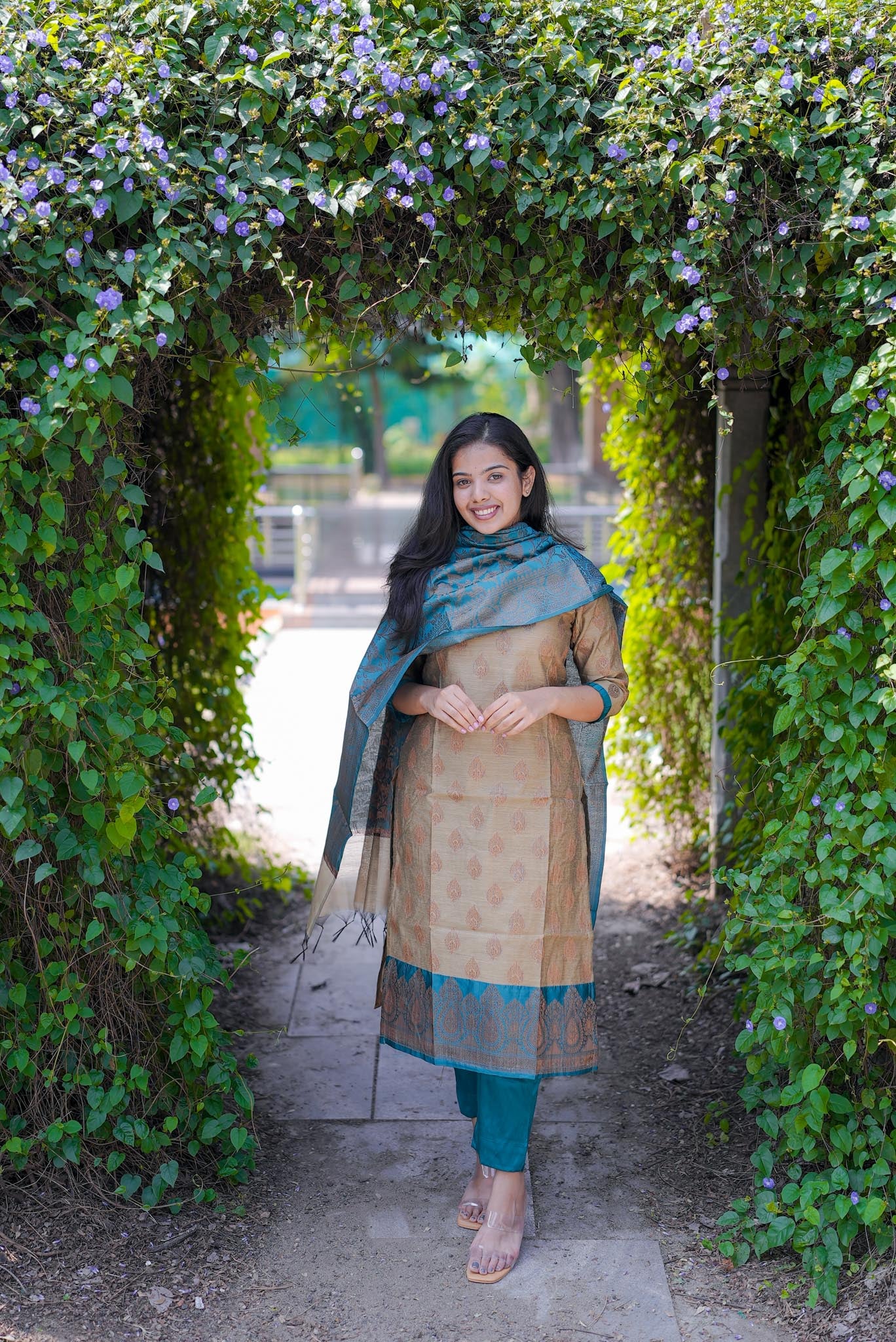 Maya’ Banarasi Suit Set – Beige Kurta with Teal Blue Dupatta