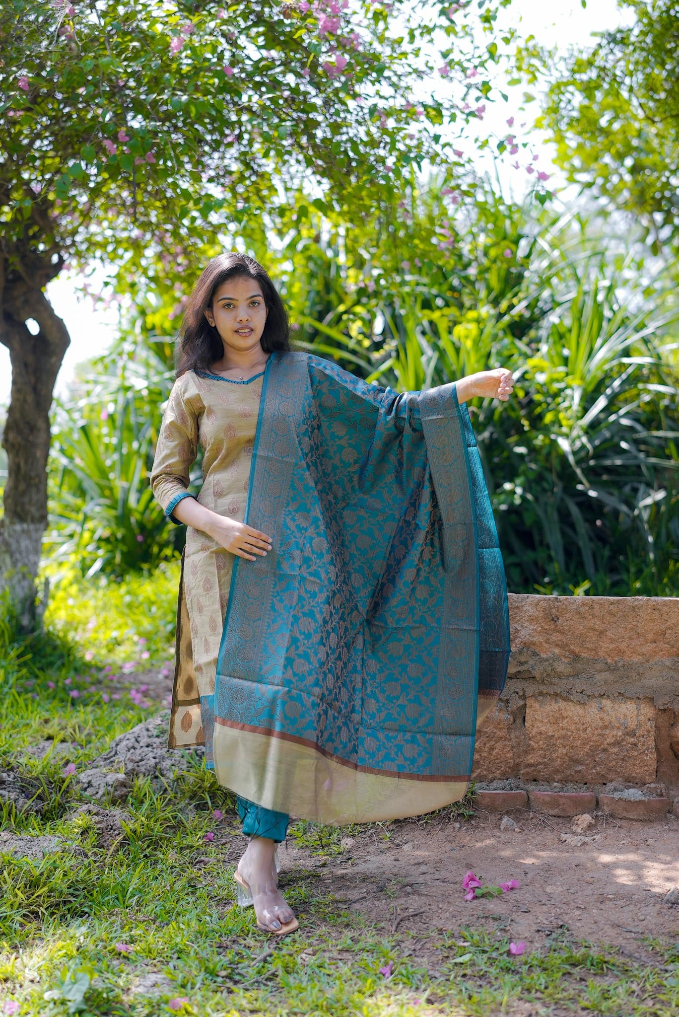 Maya’ Banarasi Suit Set – Beige Kurta with Teal Blue Dupatta