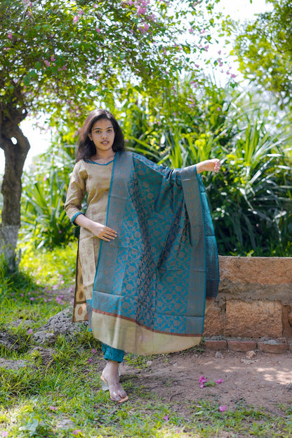 Maya’ Banarasi Suit Set – Beige Kurta with Teal Blue Dupatta