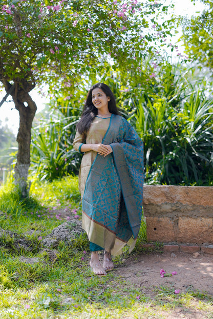 Maya’ Banarasi Suit Set – Beige Kurta with Teal Blue Dupatta
