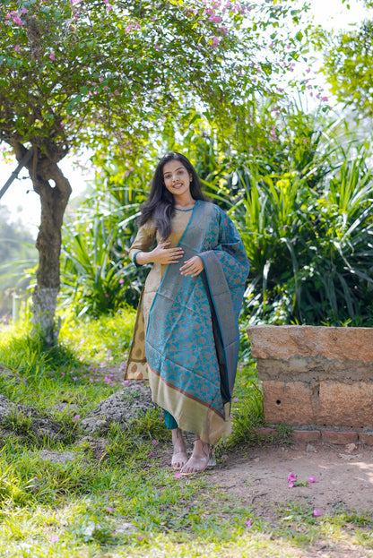 Maya’ Banarasi Suit Set – Beige Kurta with Teal Blue Dupatta