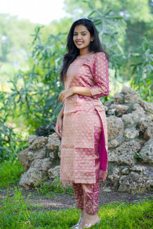 Pink Crush Banarasi Tissue Silk Suit Set with Zari & Buti Work