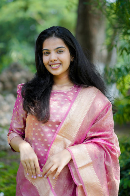 Pink Crush Banarasi Tissue Silk Suit Set with Zari & Buti Work