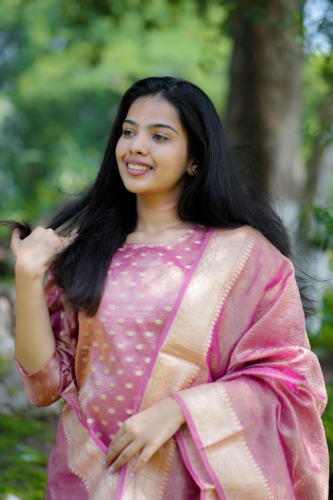 Pink Crush Banarasi Tissue Silk Suit Set with Zari & Buti Work