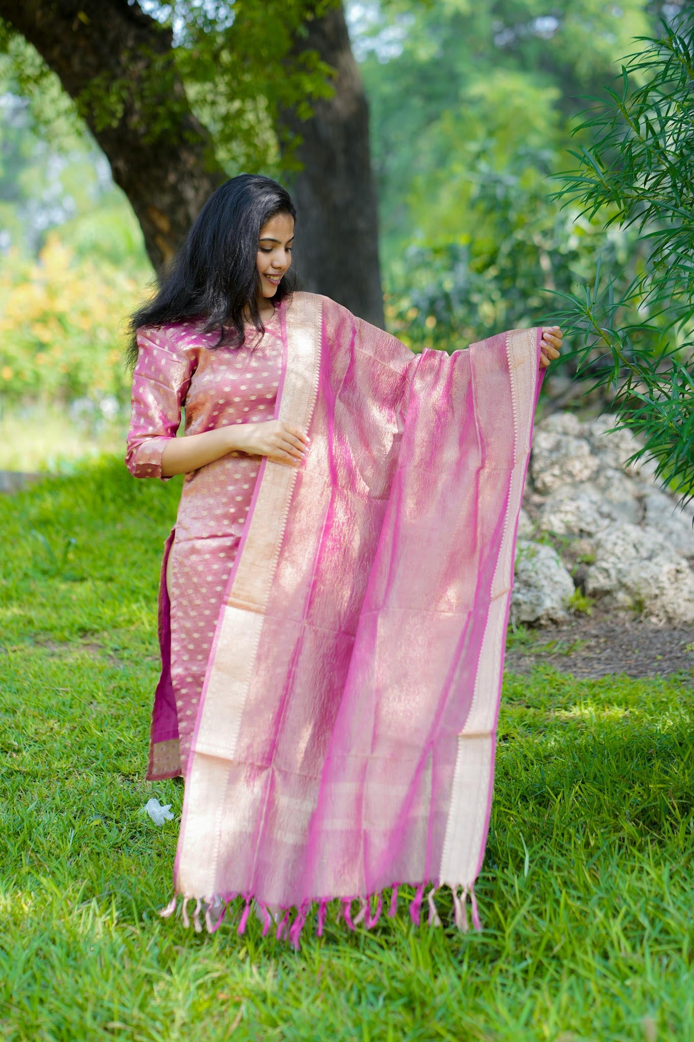 Pink Crush Banarasi Tissue Silk Suit Set with Zari & Buti Work