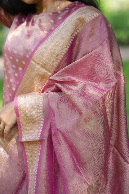 Pink Crush Banarasi Tissue Silk Suit Set with Zari & Buti Work