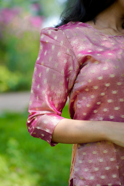 Pink Crush Banarasi Tissue Silk Suit Set with Zari & Buti Work