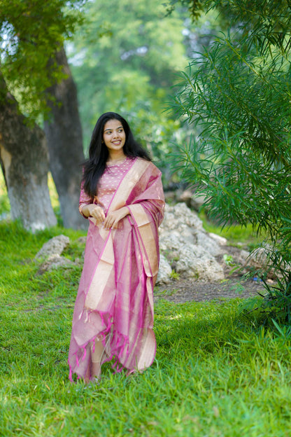 Pink Crush Banarasi Tissue Silk Suit Set with Zari & Buti Work