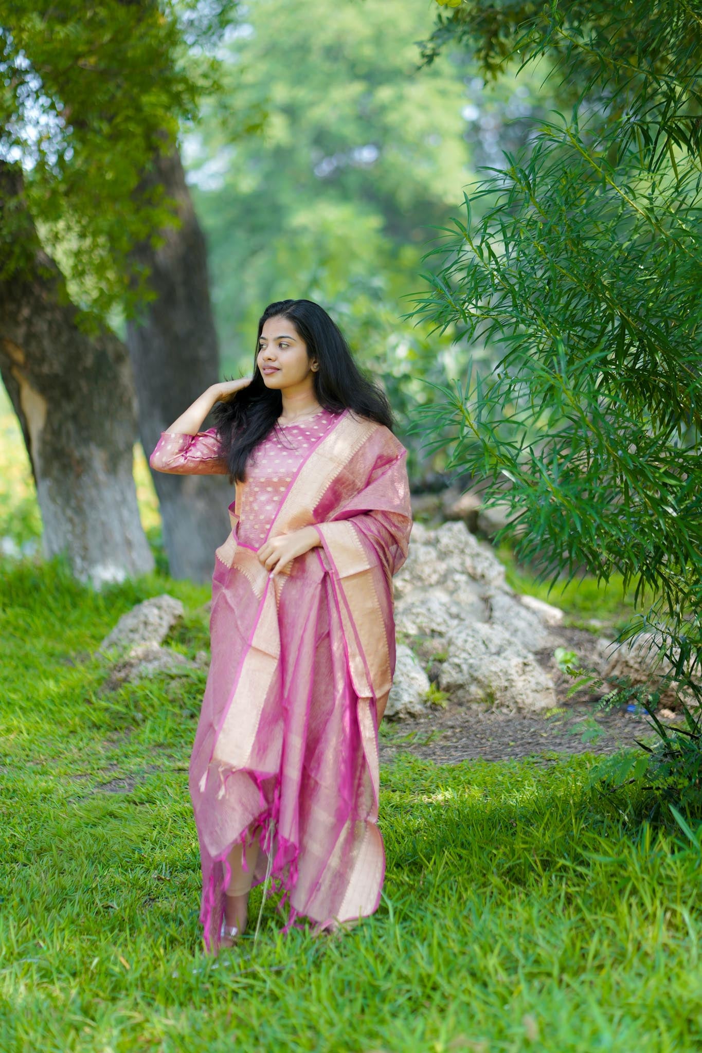 Pink Crush Banarasi Tissue Silk Suit Set with Zari & Buti Work