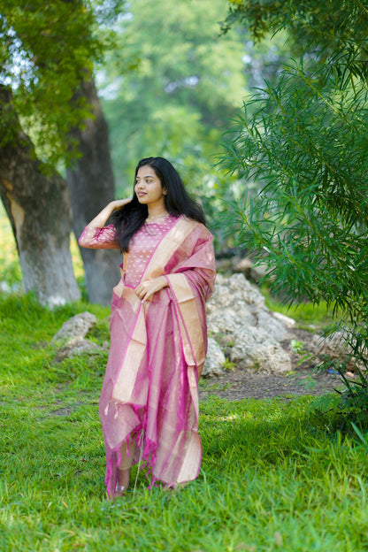 Pink Crush Banarasi Tissue Silk Suit Set with Zari & Buti Work