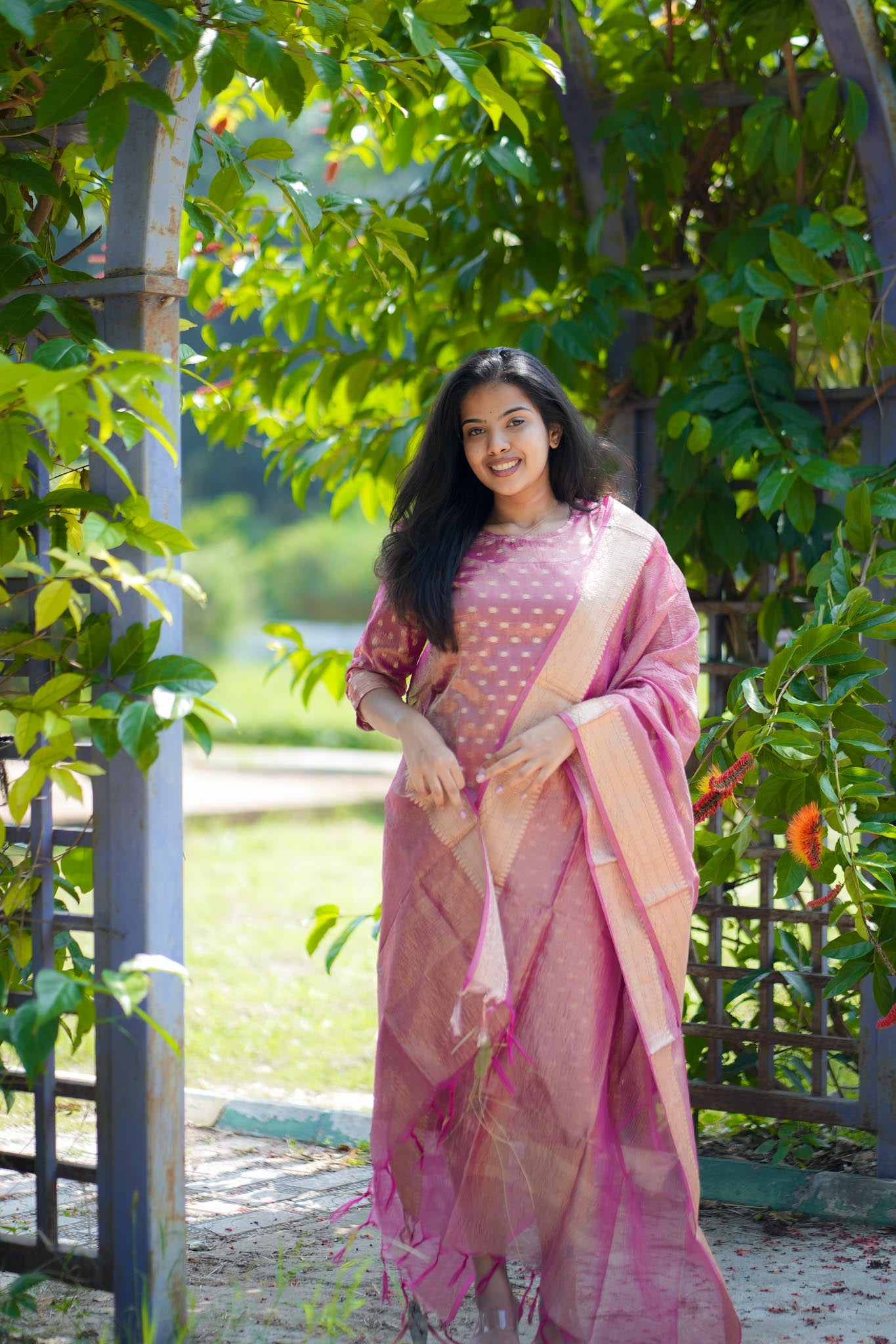 Pink Crush Banarasi Tissue Silk Suit Set with Zari & Buti Work