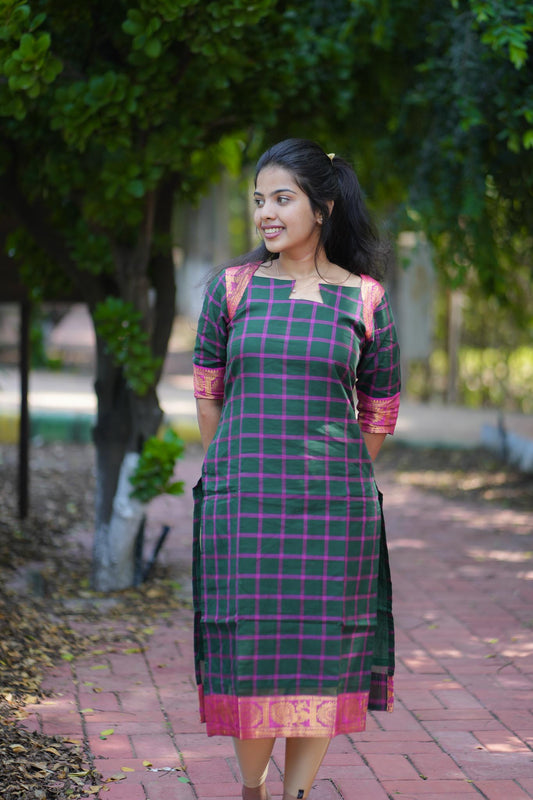 Emerald & Pink Chettinad Charm Kurta Set with Tasseled Dupatta
