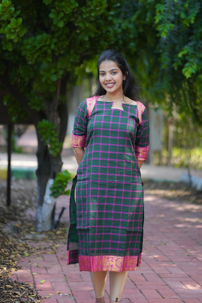 Emerald & Pink Chettinad Charm Kurta Set with Tasseled Dupatta