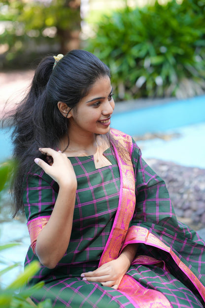 Emerald & Pink Chettinad Charm Kurta Set with Tasseled Dupatta