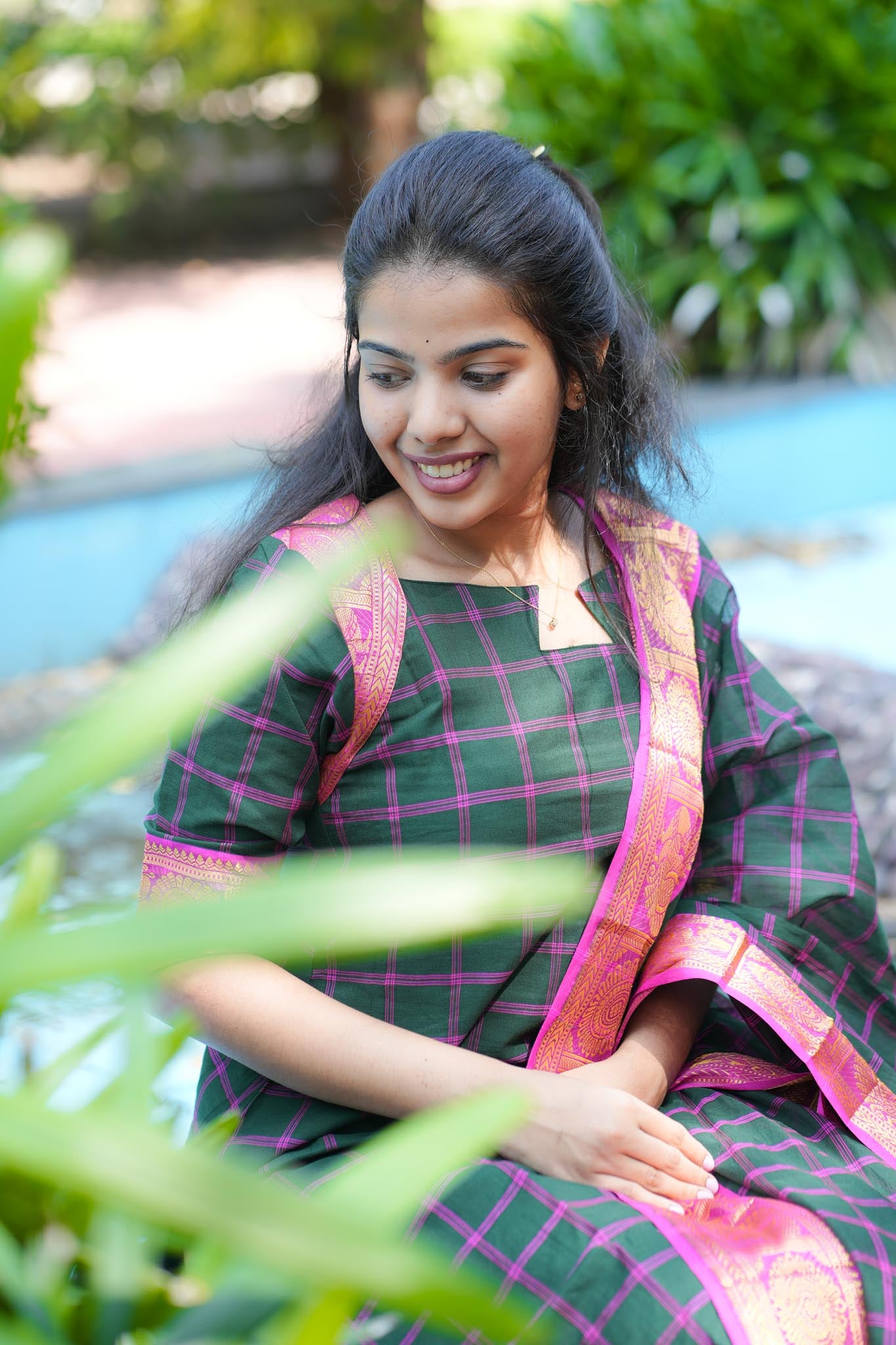 Emerald & Pink Chettinad Charm Kurta Set with Tasseled Dupatta