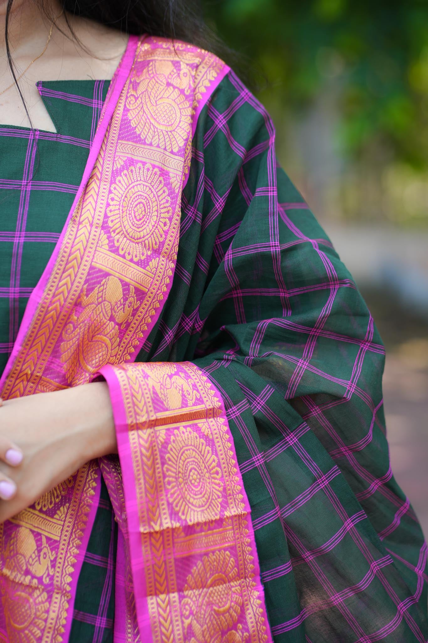 Emerald & Pink Chettinad Charm Kurta Set with Tasseled Dupatta