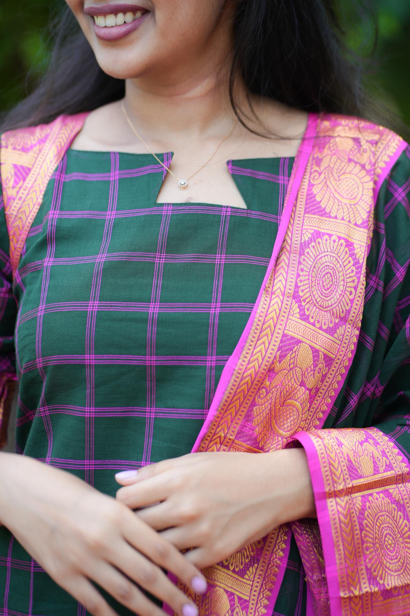 Emerald & Pink Chettinad Charm Kurta Set with Tasseled Dupatta