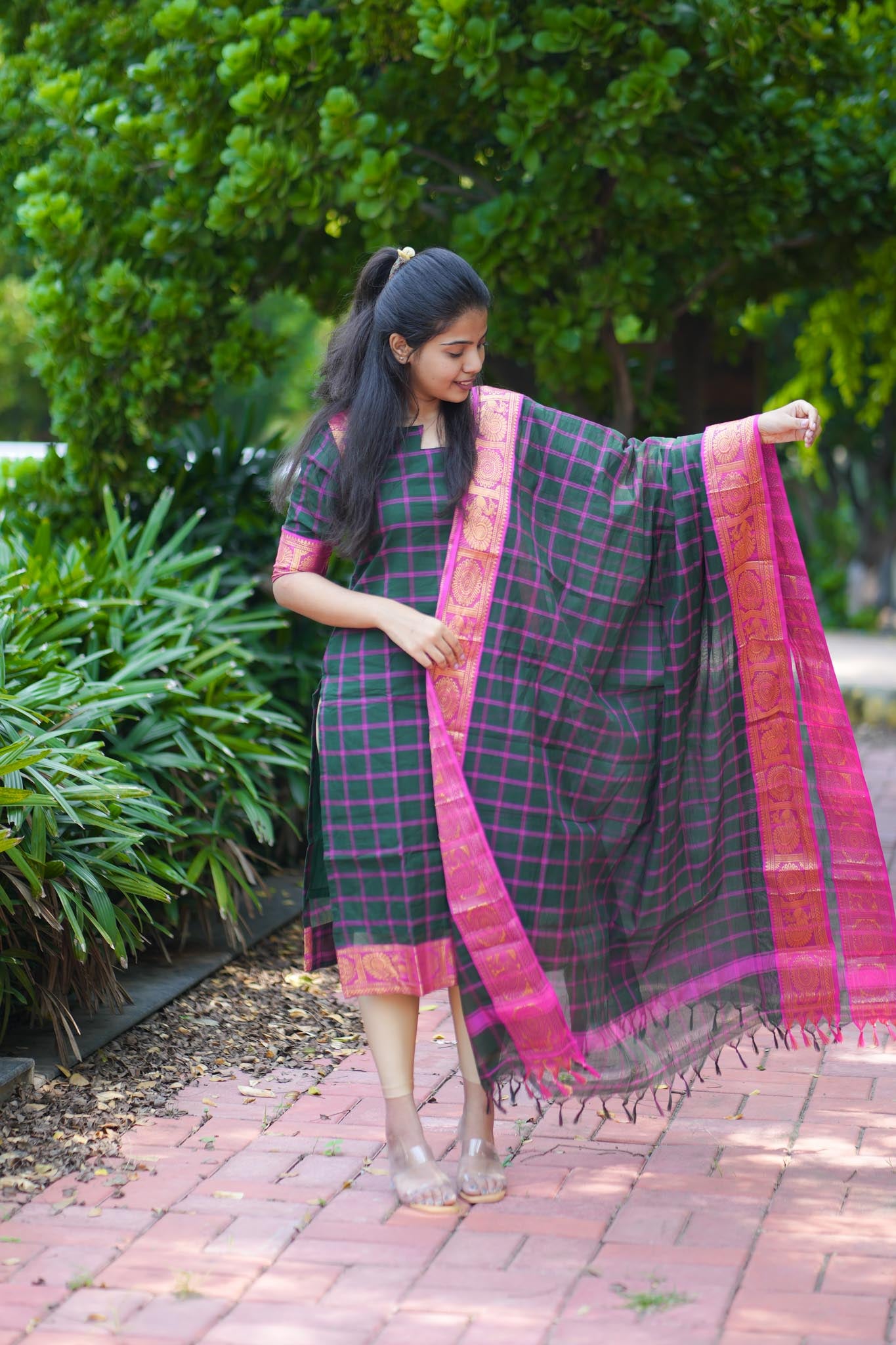 Emerald & Pink Chettinad Charm Kurta Set with Tasseled Dupatta