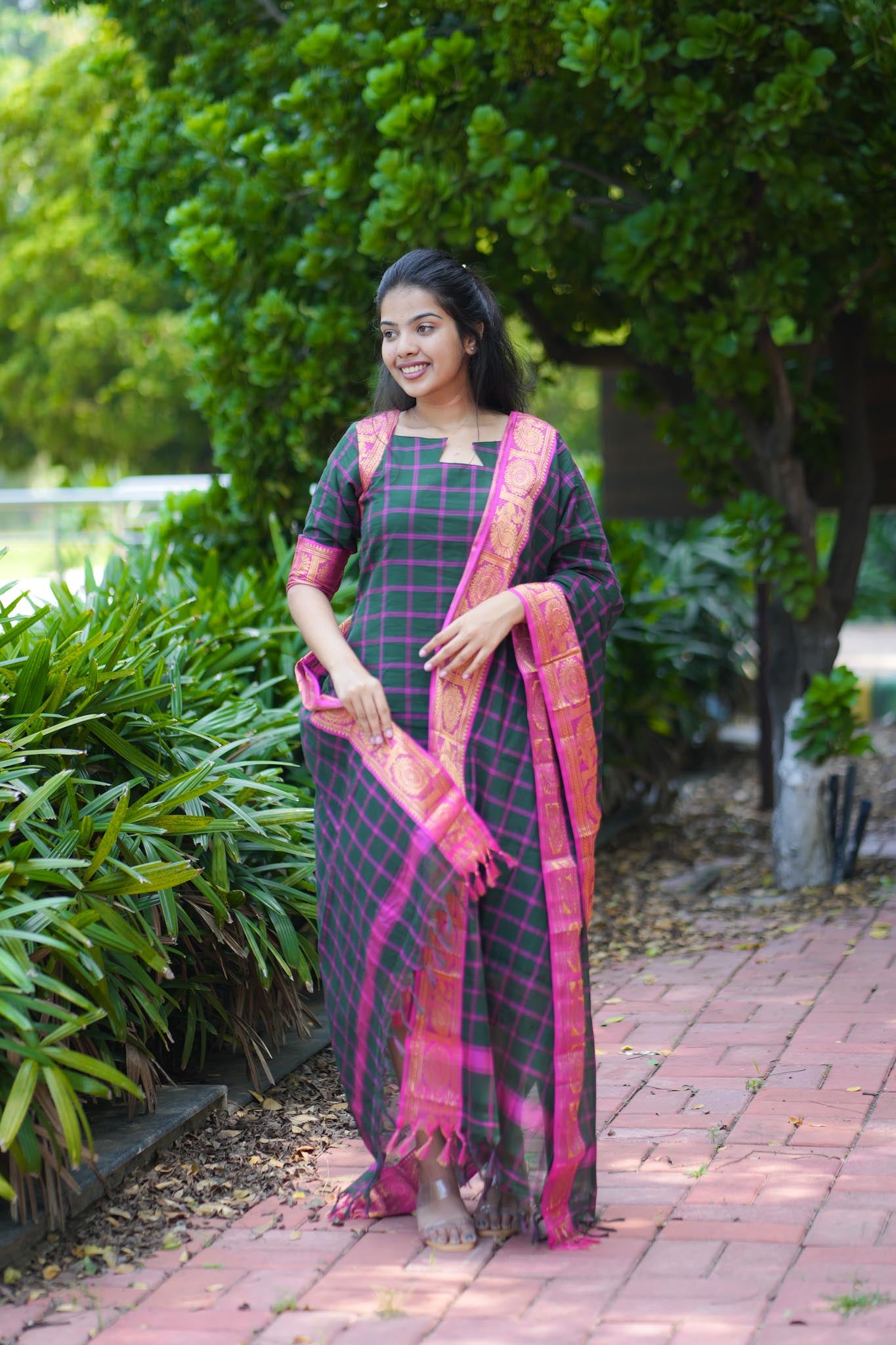 Emerald & Pink Chettinad Charm Kurta Set with Tasseled Dupatta