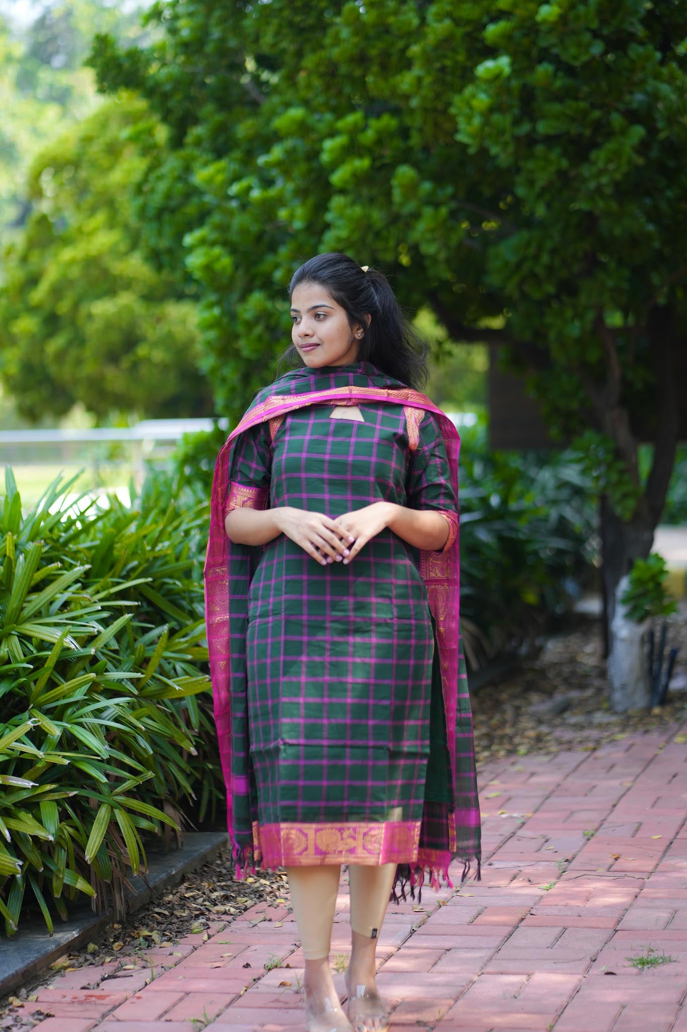 Emerald & Pink Chettinad Charm Kurta Set with Tasseled Dupatta