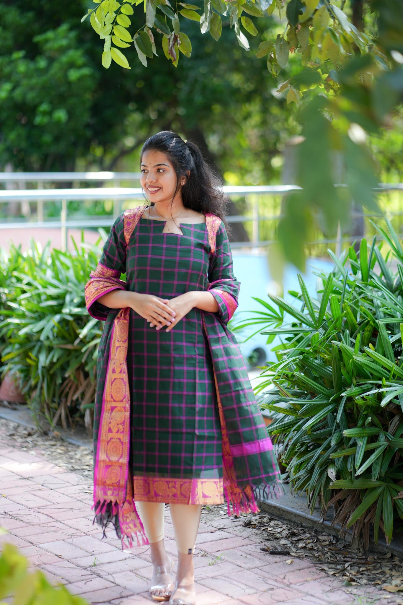 Emerald & Pink Chettinad Charm Kurta Set with Tasseled Dupatta