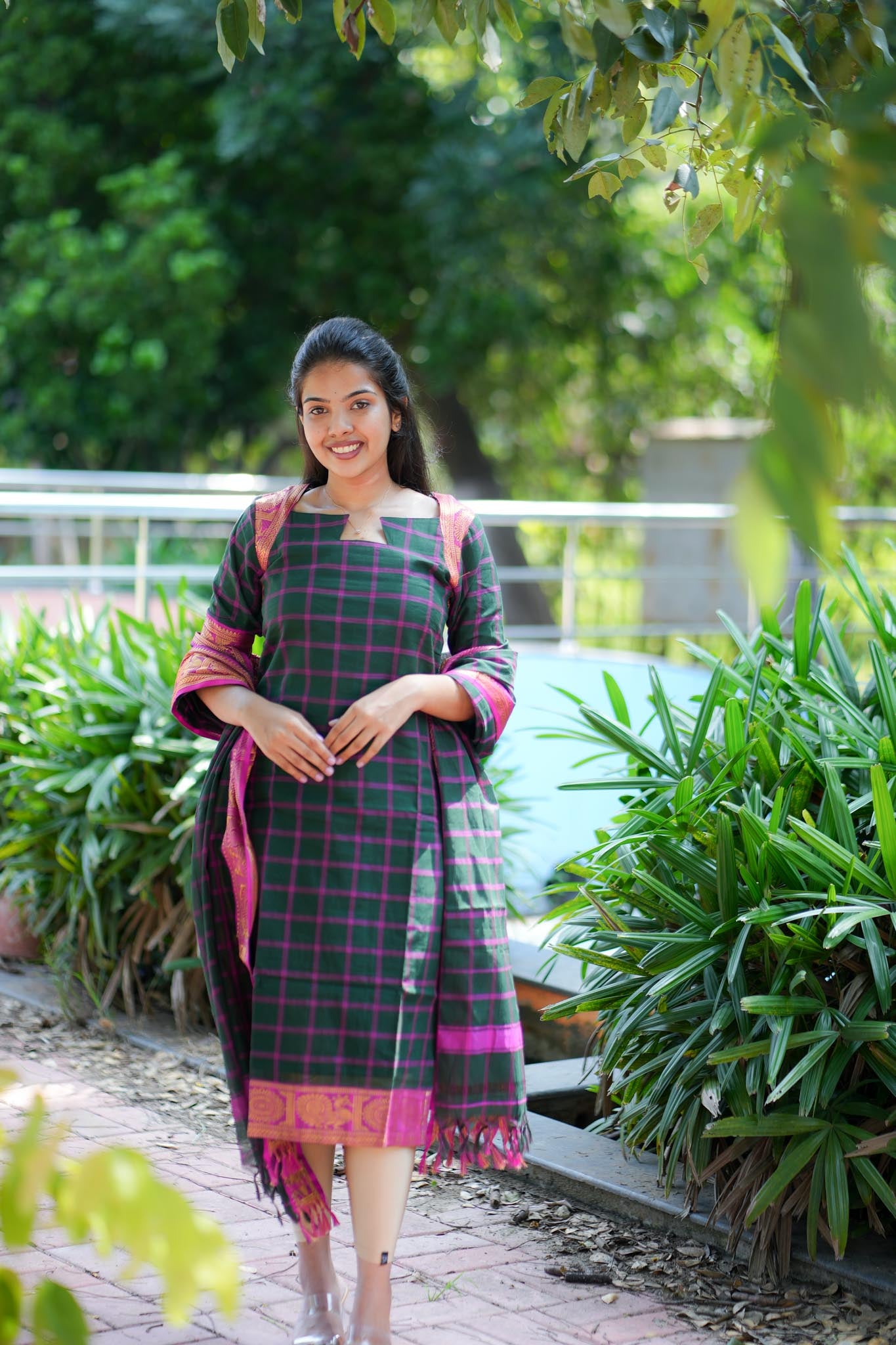 Emerald & Pink Chettinad Charm Kurta Set with Tasseled Dupatta