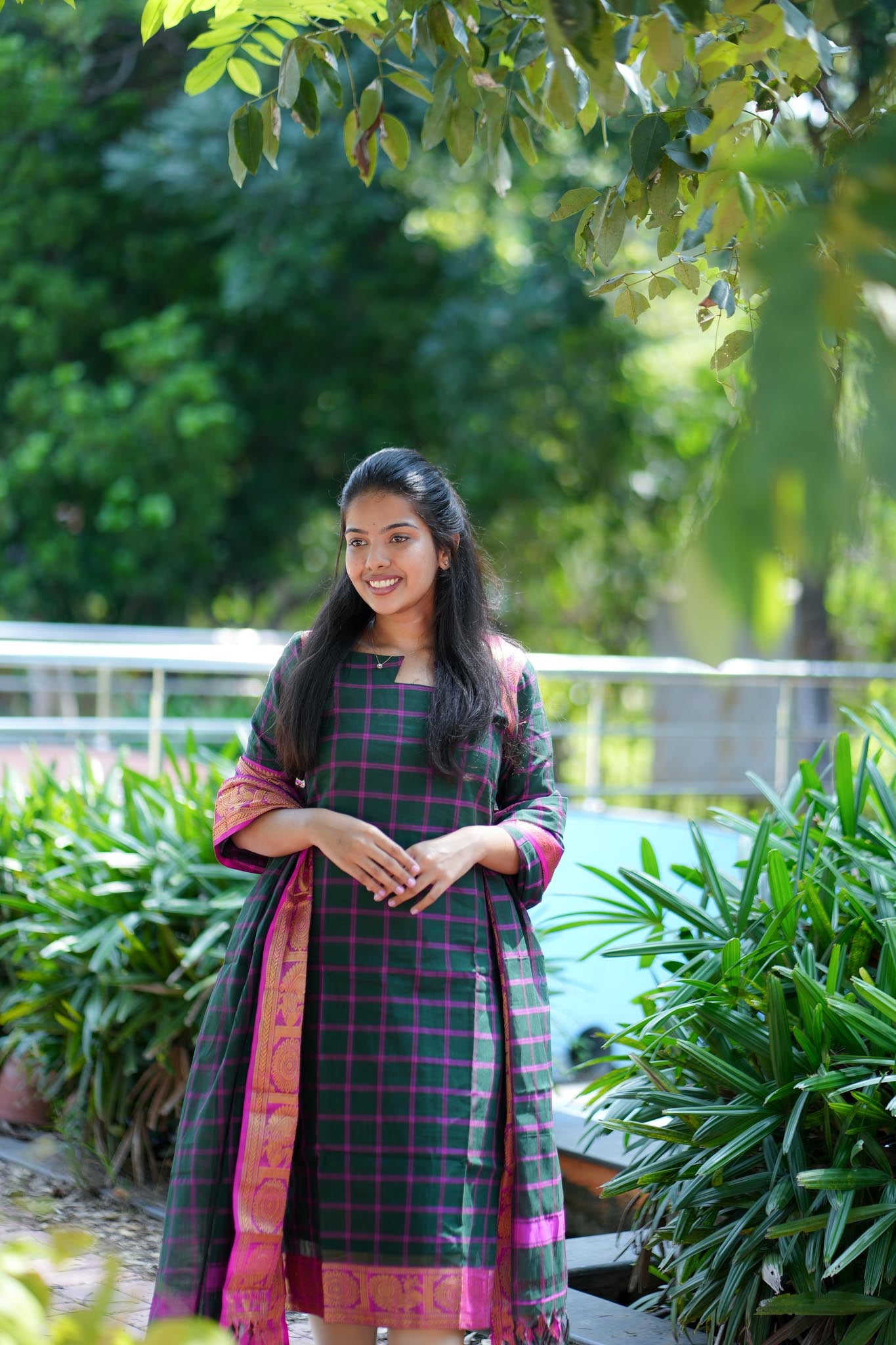 Emerald & Pink Chettinad Charm Kurta Set with Tasseled Dupatta