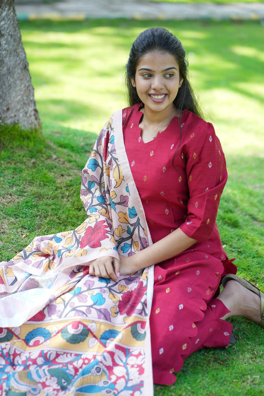 Crimson Red Raw Silk Co-Ord Set with Scalloped Hemline