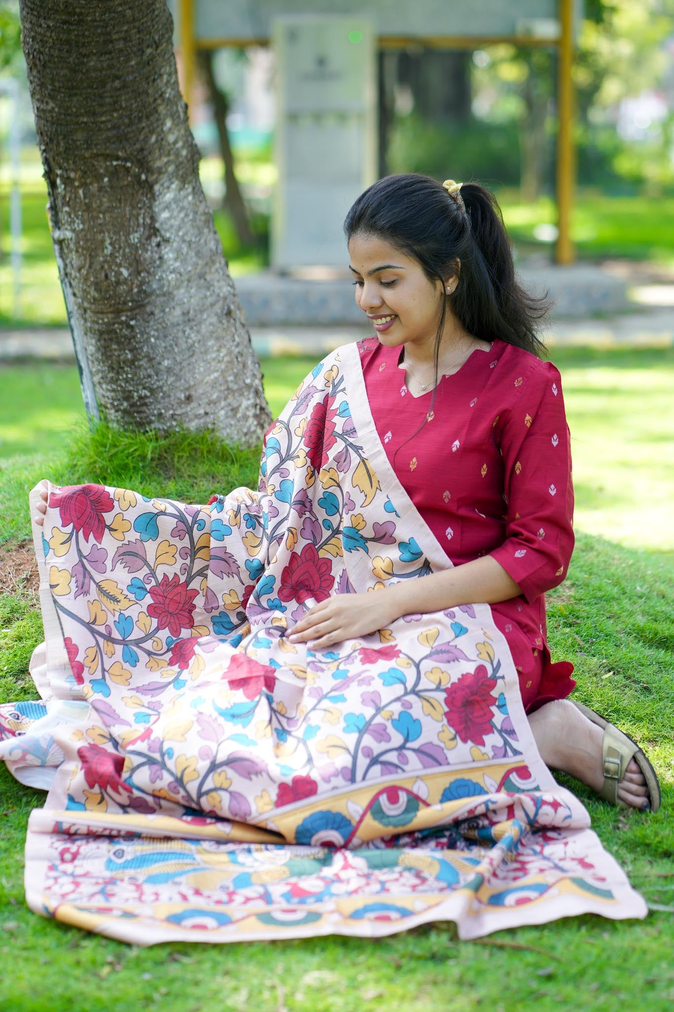 Crimson Red Raw Silk Co-Ord Set with Scalloped Hemline