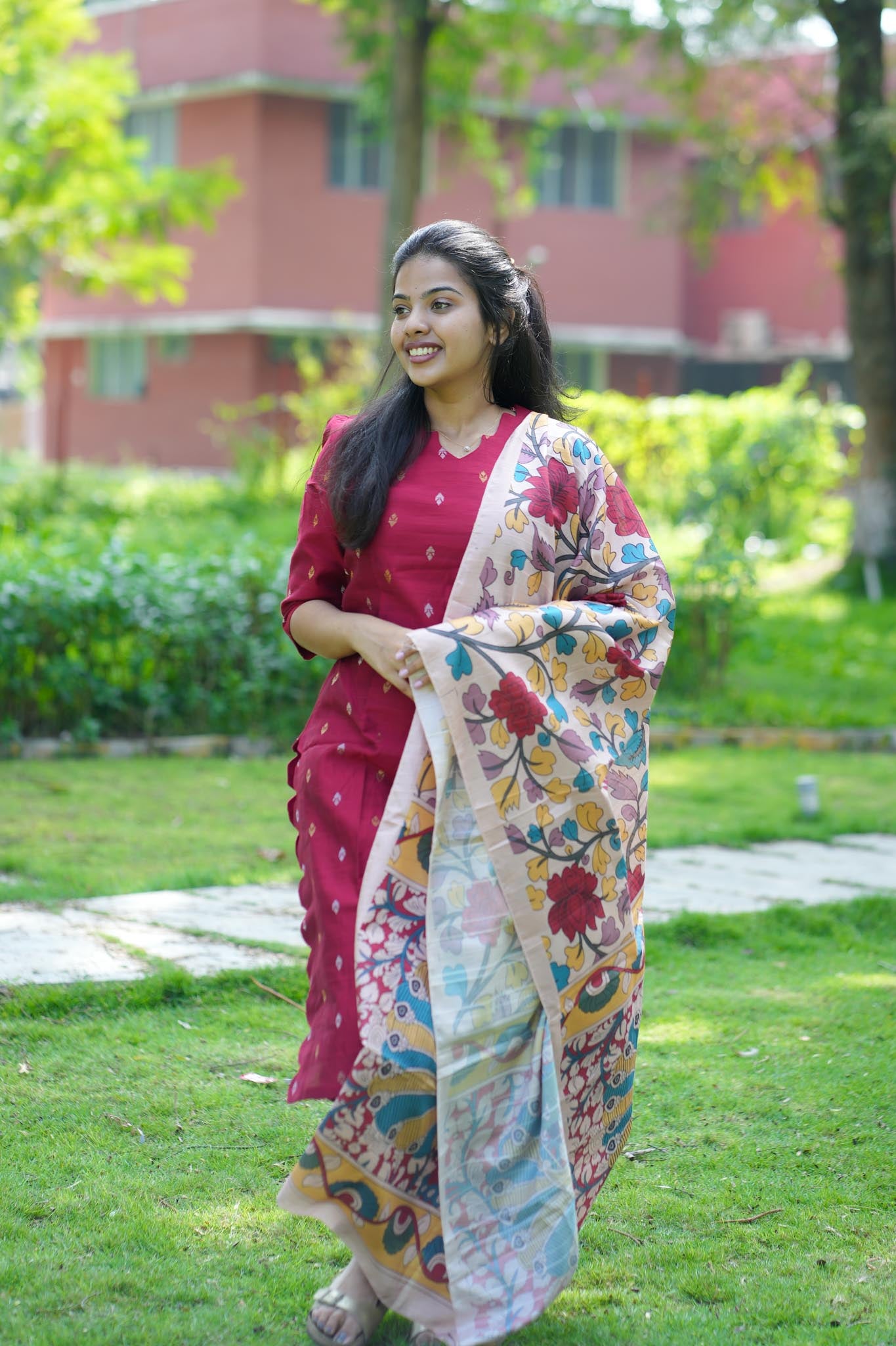 Crimson Red Raw Silk Co-Ord Set with Scalloped Hemline